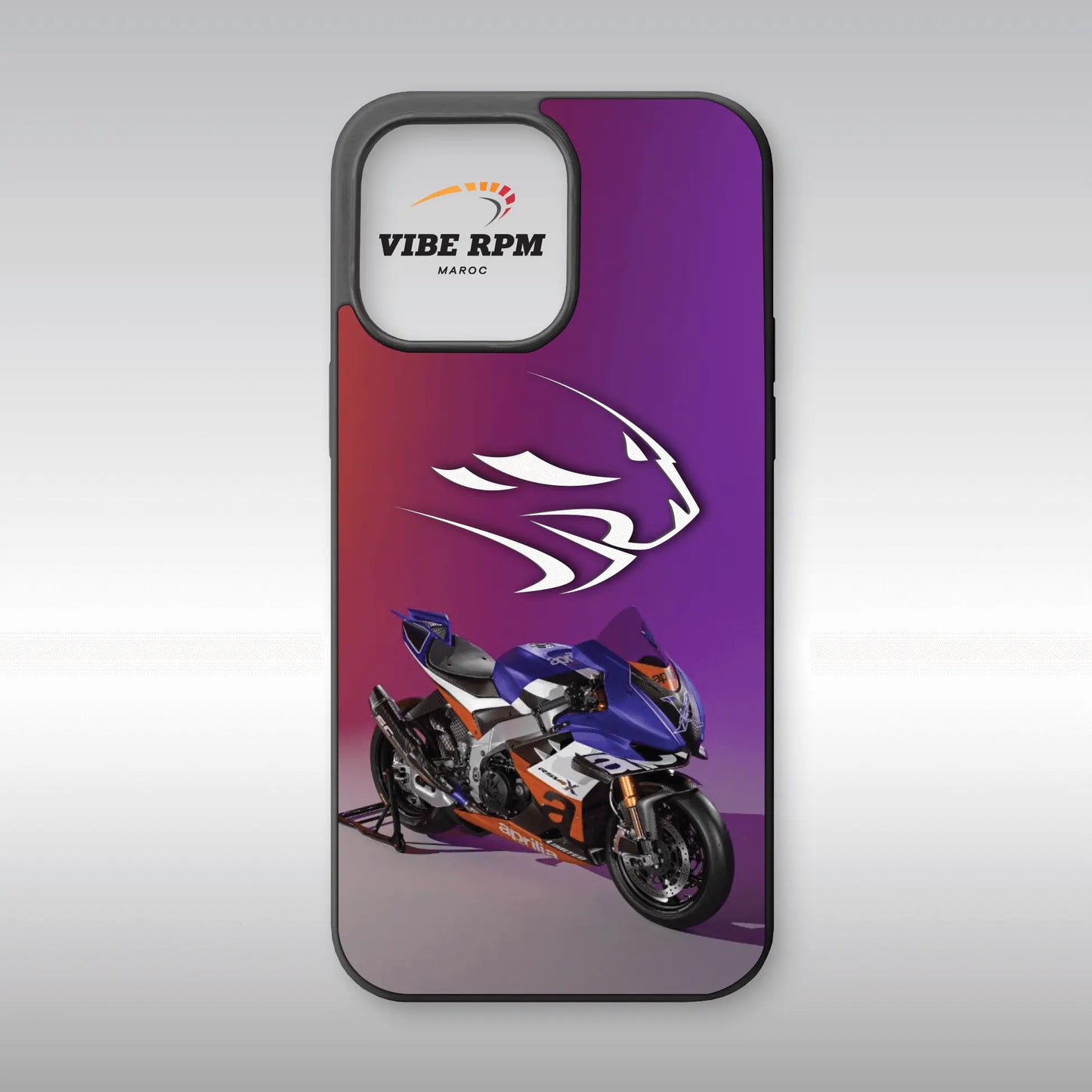 Coque téléphone Aprilia VibeRPM, design moto racing italien, finition matte, silicone premium, protection anti-chocs, livraison gratuite