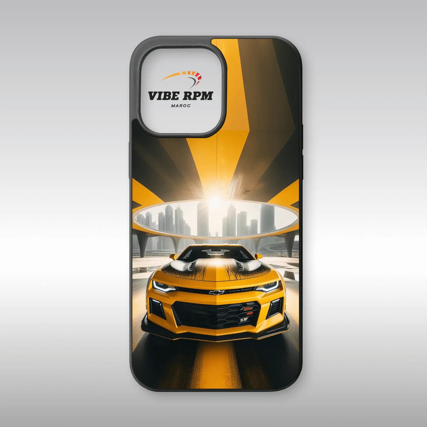 Coque téléphone Chevrolet Camaro VibeRPM, design muscle car iconique, finition mate soft-touch, silicone premium, protection anti-chocs