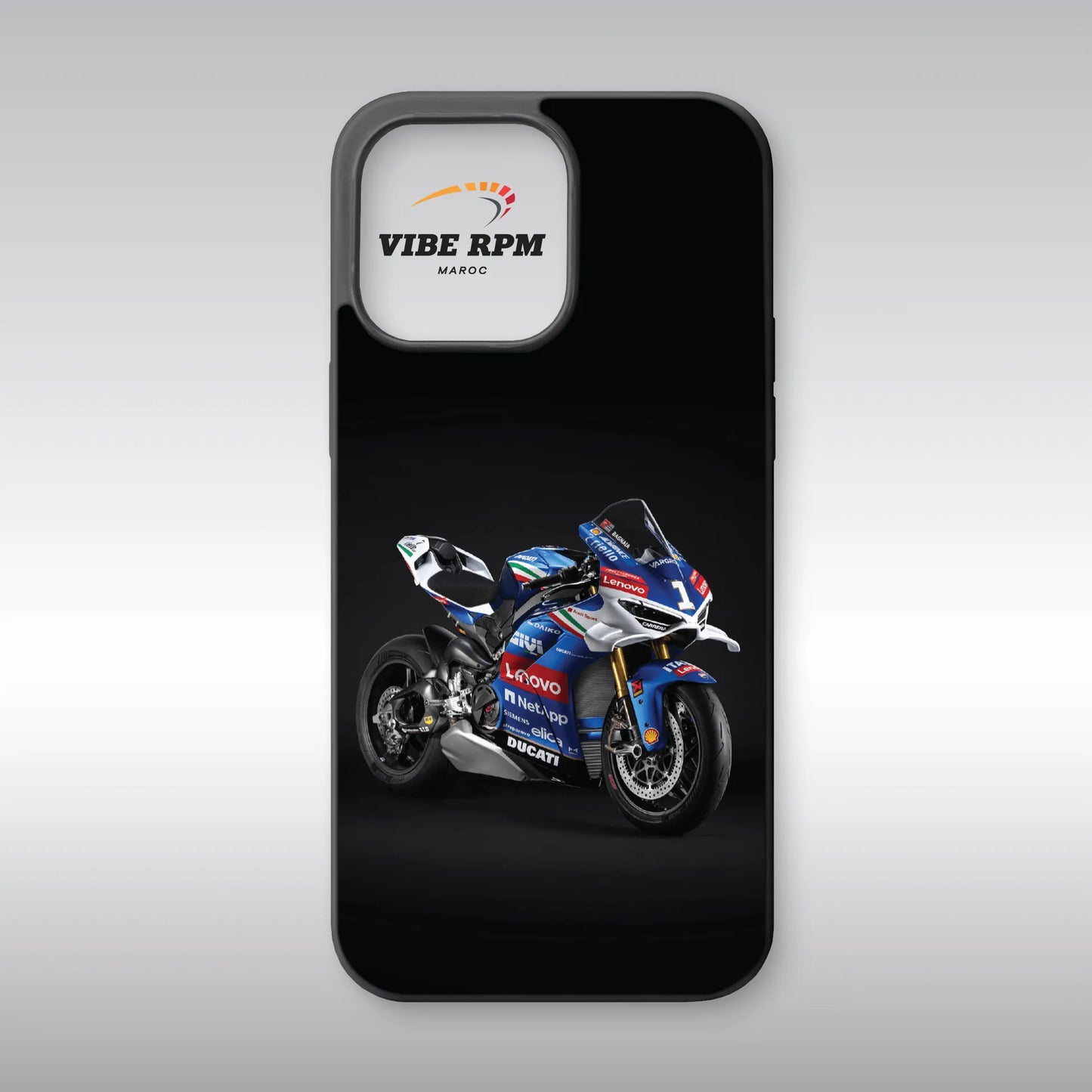 Coque téléphone Ducati Panigale VibeRPM, design moto sportive iconique, finition mate soft-touch, silicone premium, protection anti-chocs