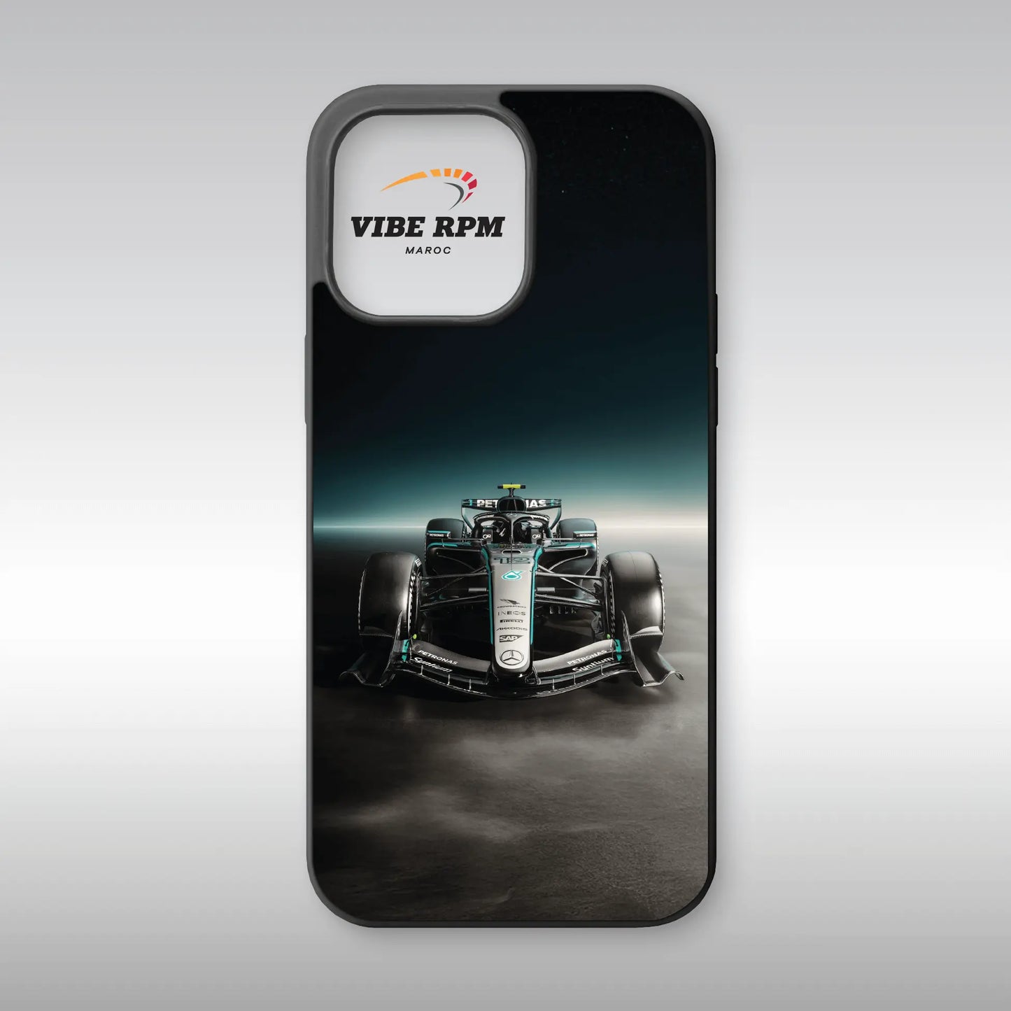 Coque téléphone Mercedes-AMG F1 W17 E Performance VibeRPM, design Formule 1 ultra-luxe, finition mate soft-touch, silicone premium