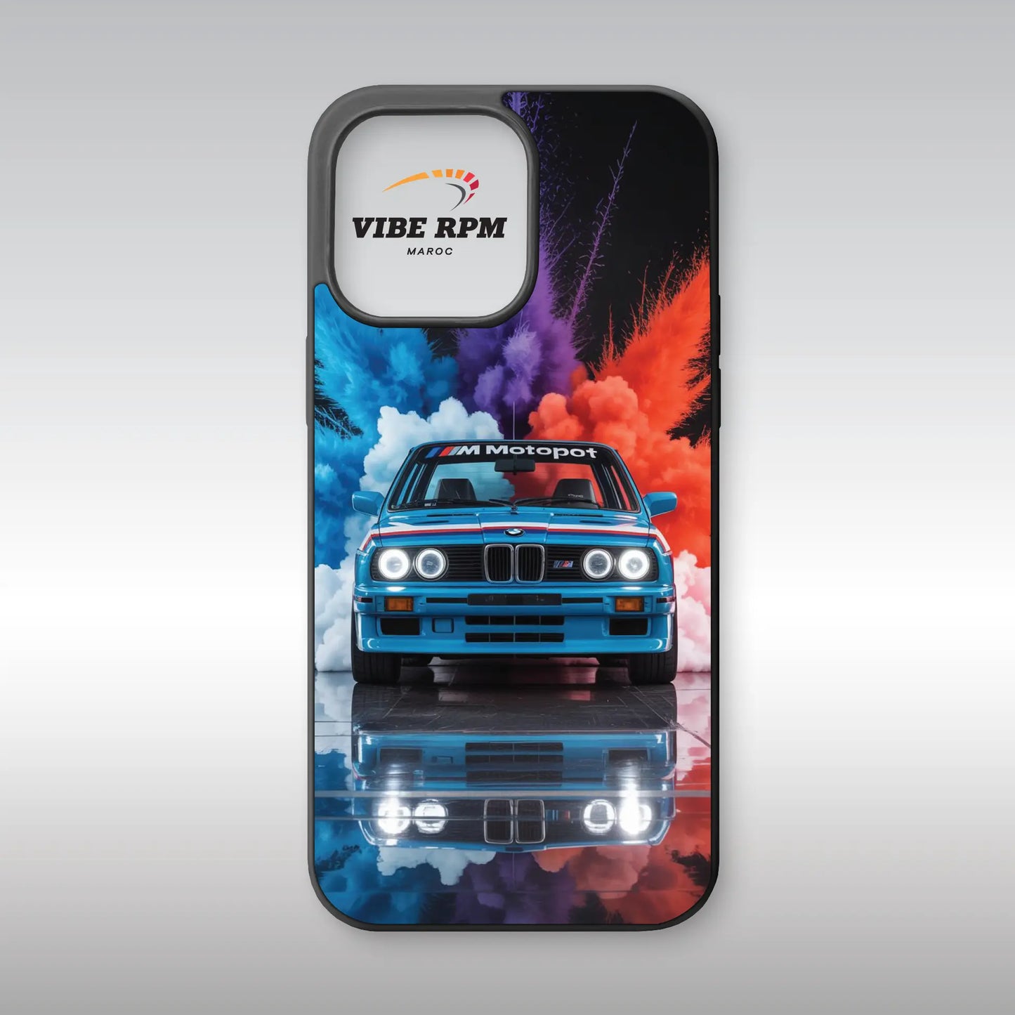 Coque téléphone BMW Motorsport VibeRPM, design racing moto, finition mate, silicone premium, protection anti-chocs