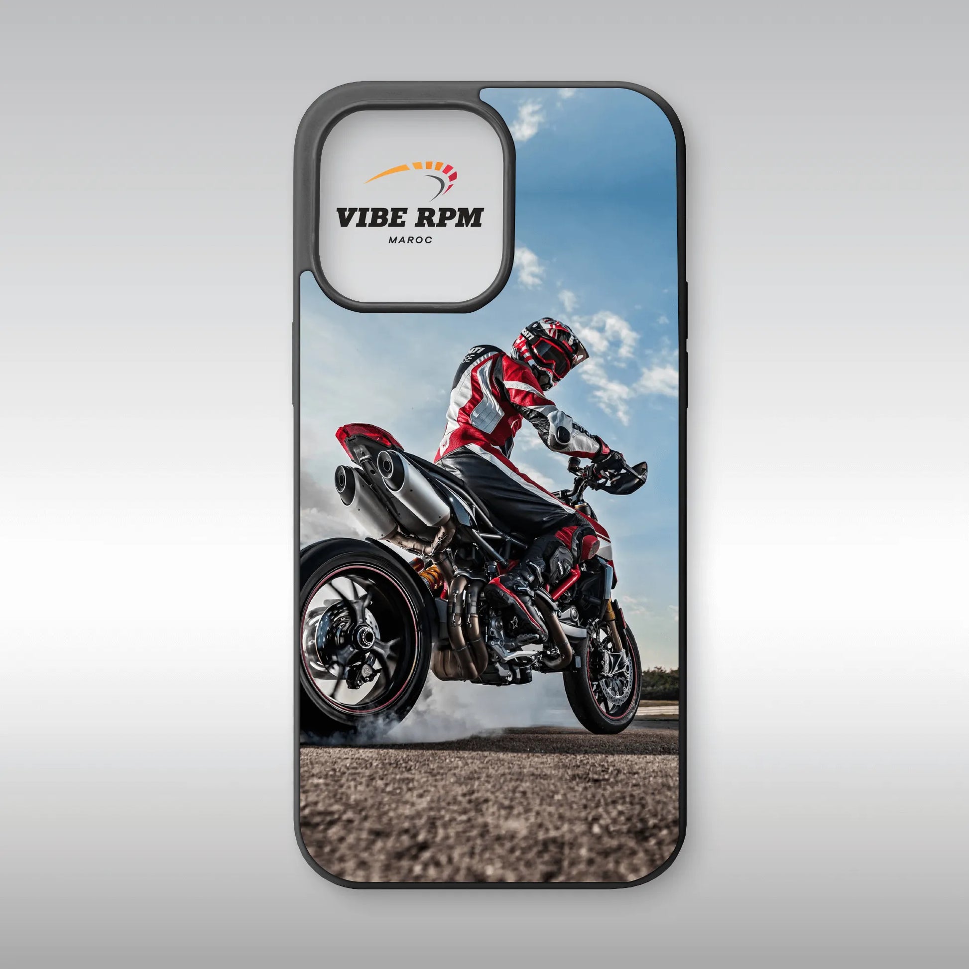 Coque téléphone Ducati Hypermotard VibeRPM, style racing supermotard, finition mate soft-touch, silicone premium, protection anti-chocs