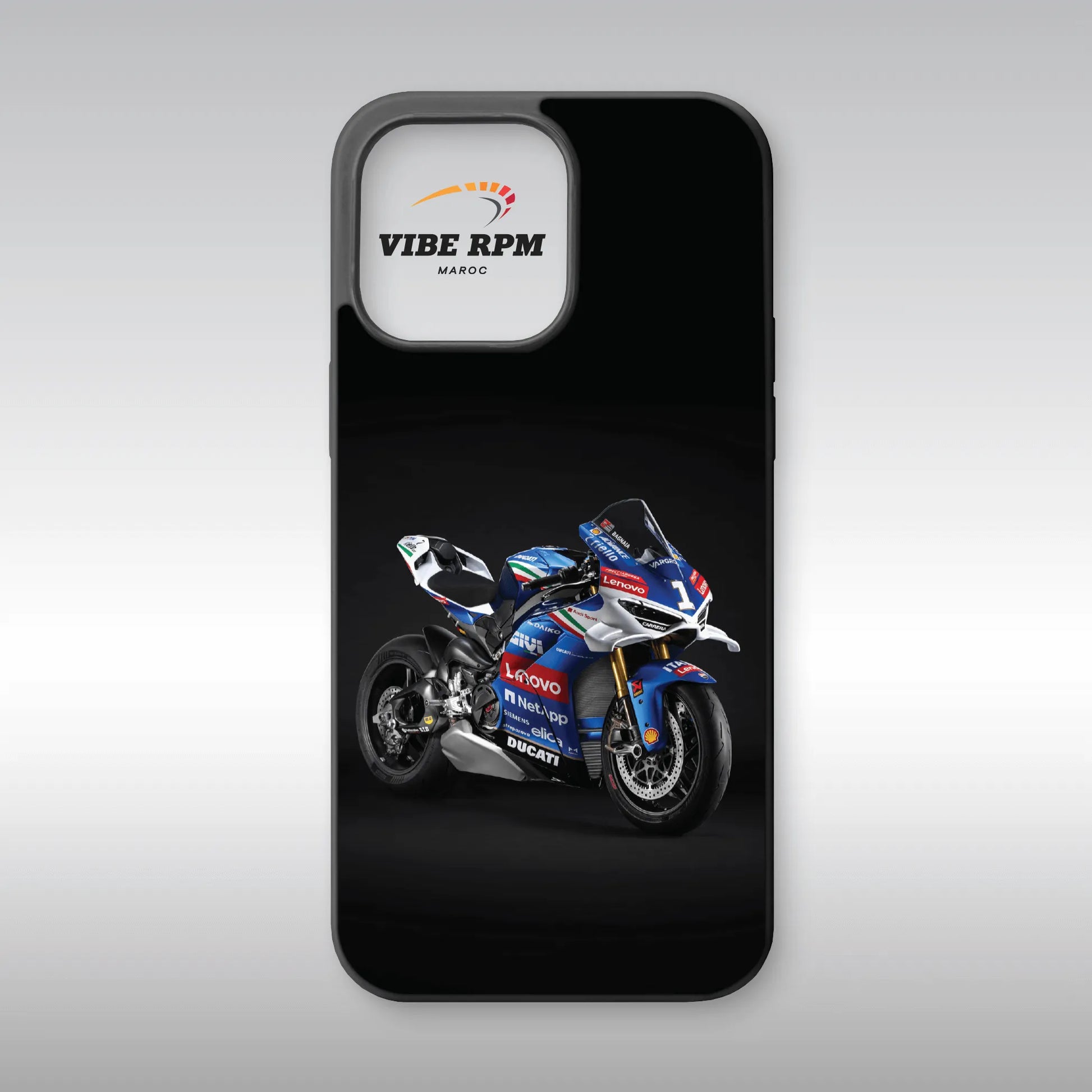 Coque téléphone Ducati Panigale VibeRPM, design moto sportive iconique, finition mate soft-touch, silicone premium, protection anti-chocs