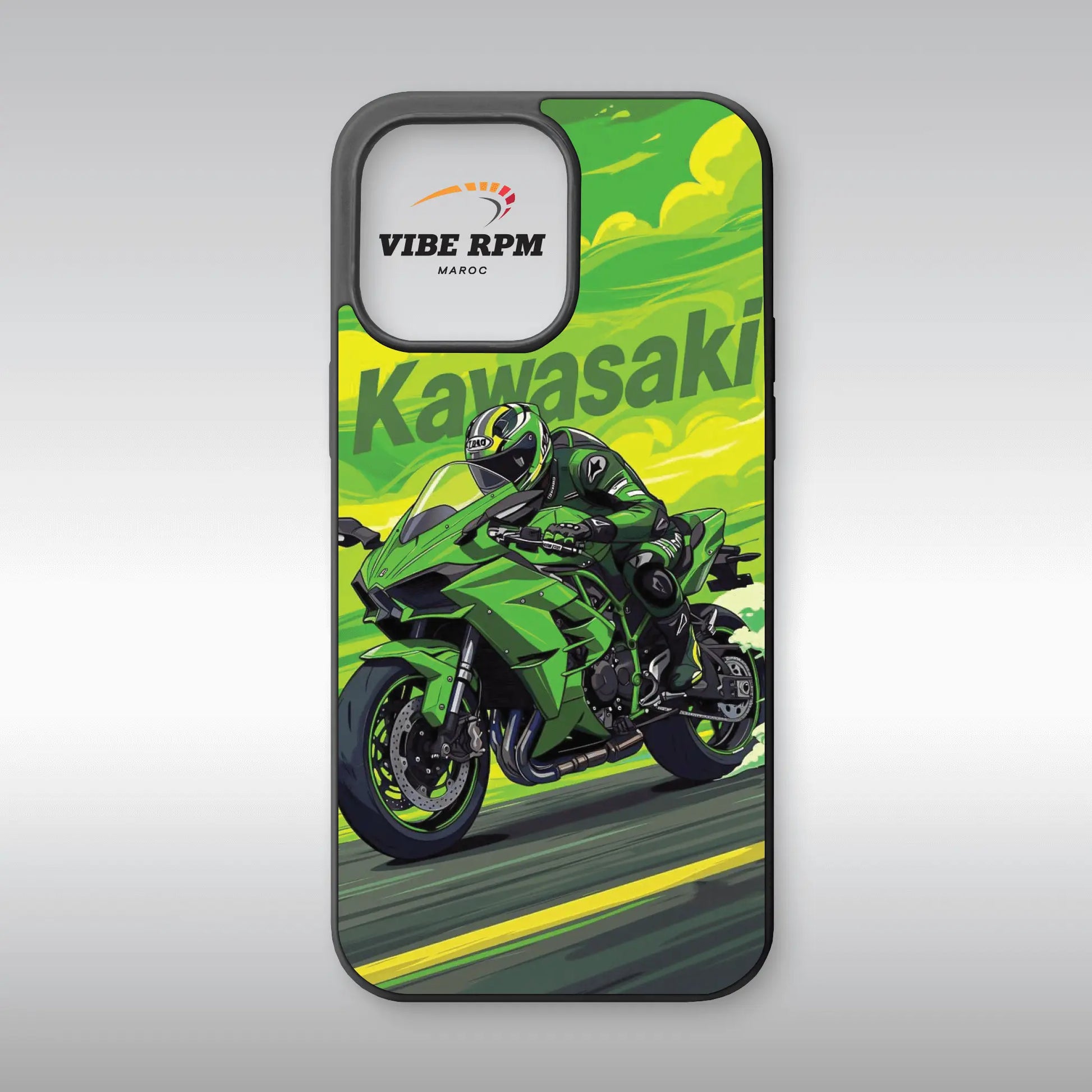 Coque téléphone Kawasaki VibeRPM, design moto racing agressif, finition matte, silicone premium, protection anti-chocs, livraison gratuite