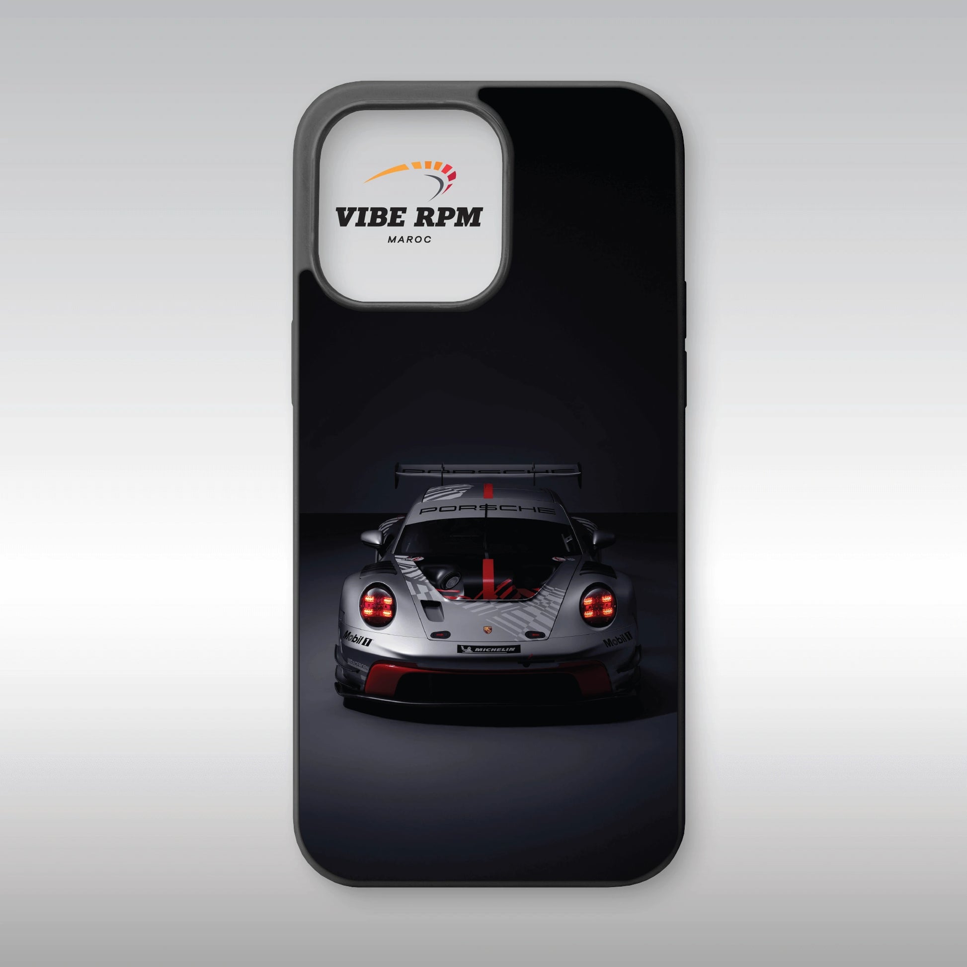 Coque téléphone Porsche 911 GT3 R VibeRPM, design automobile ultra-luxe, finition mate soft-touch, silicone premium, protection anti-chocs